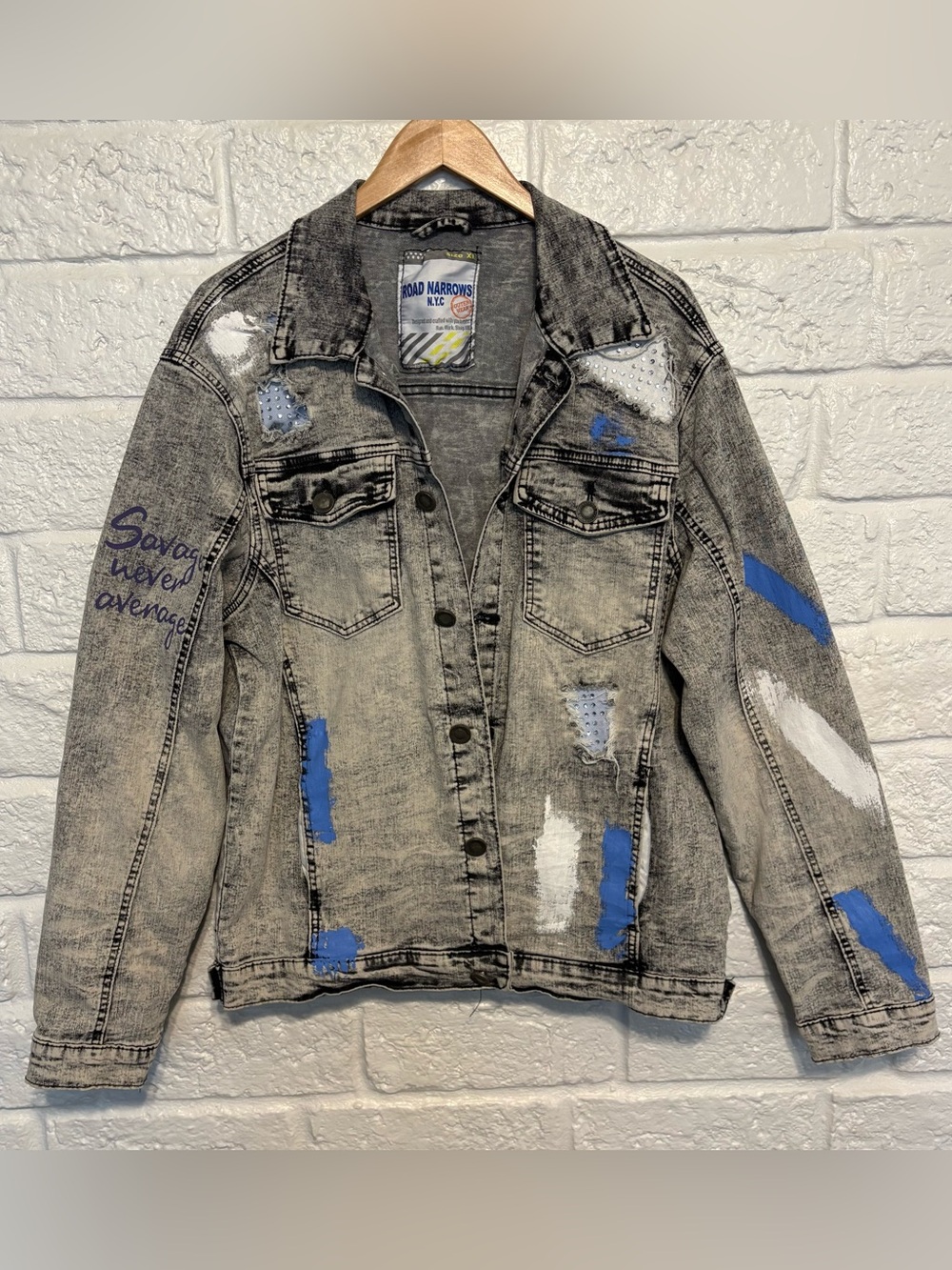 Road Narrows NYC Gray Black Acid Wash Distressed Denim Jacket Rhinestones XL